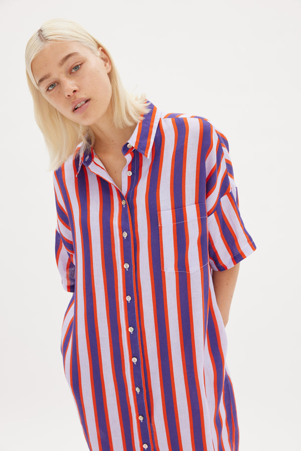 Marala Short Sleeve Dress Multi Stripe - Neon Lilac/Plum