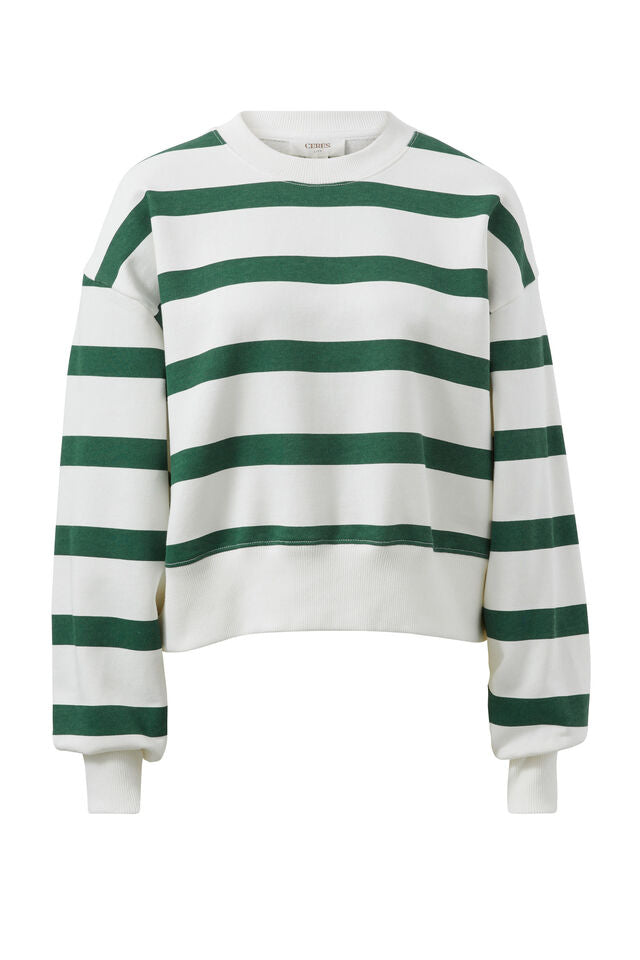 Cropped Slouchy Crew - Pine Green Stripe