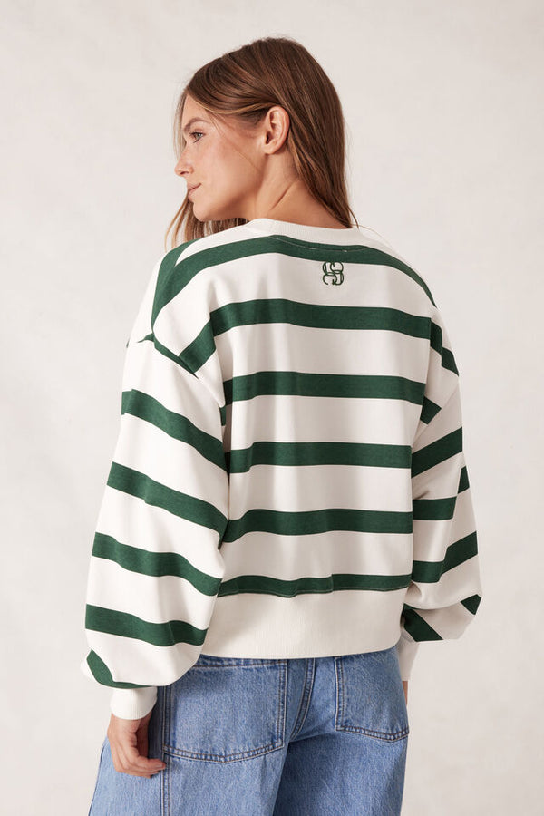 Cropped Slouchy Crew - Pine Green Stripe