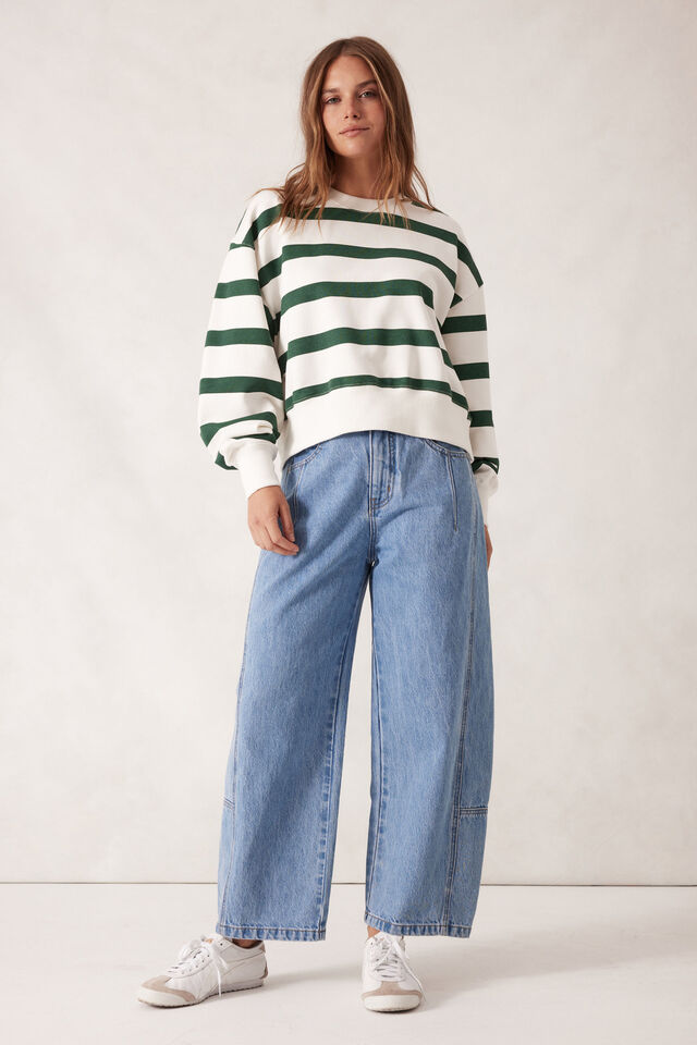 Cropped Slouchy Crew - Pine Green Stripe