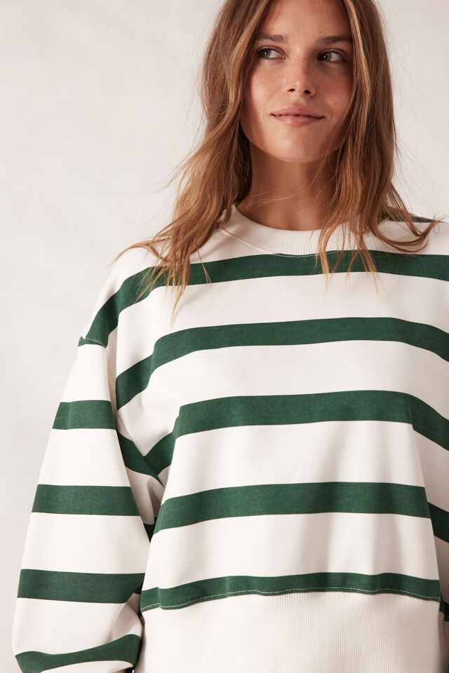 Cropped Slouchy Crew - Pine Green Stripe