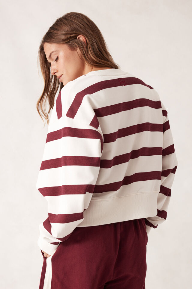 Cropped Slouchy Crew - Burgundy Stripe