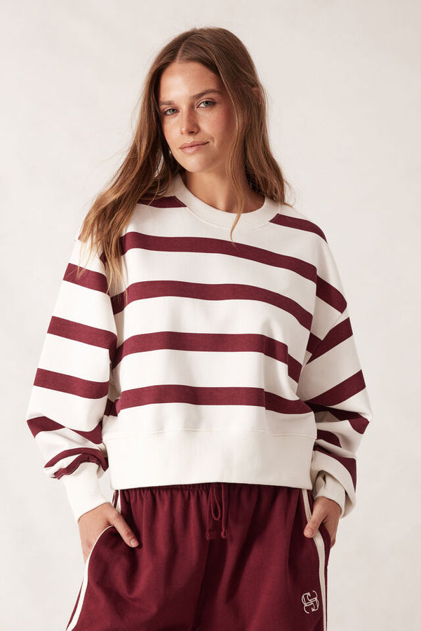 Cropped Slouchy Crew - Burgundy Stripe