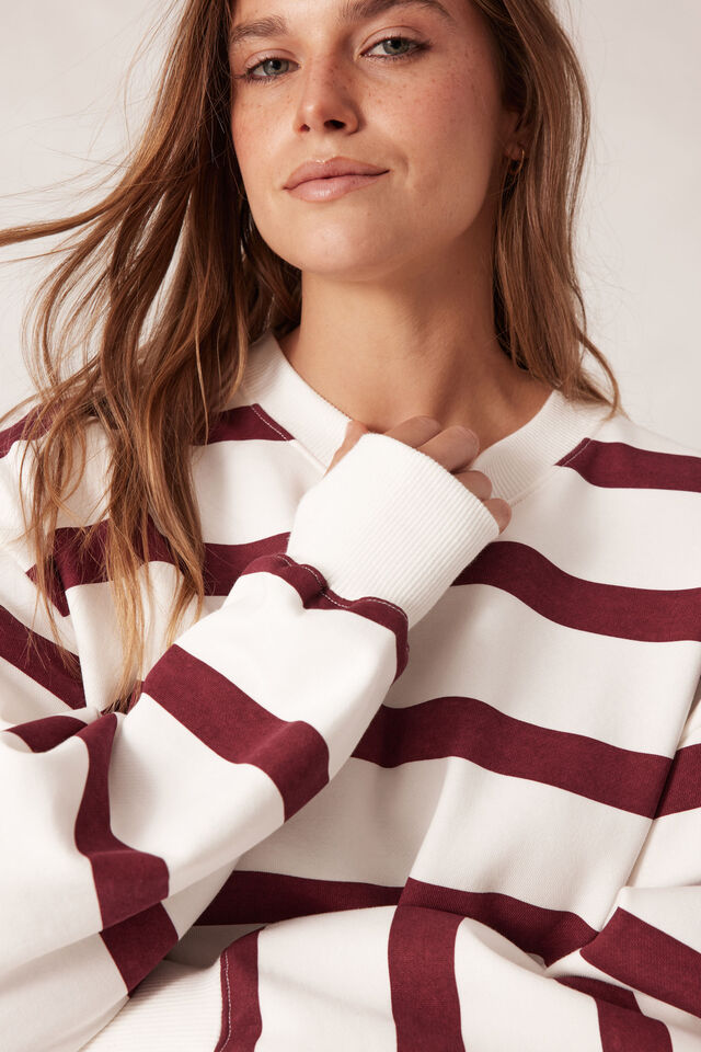 Cropped Slouchy Crew - Burgundy Stripe