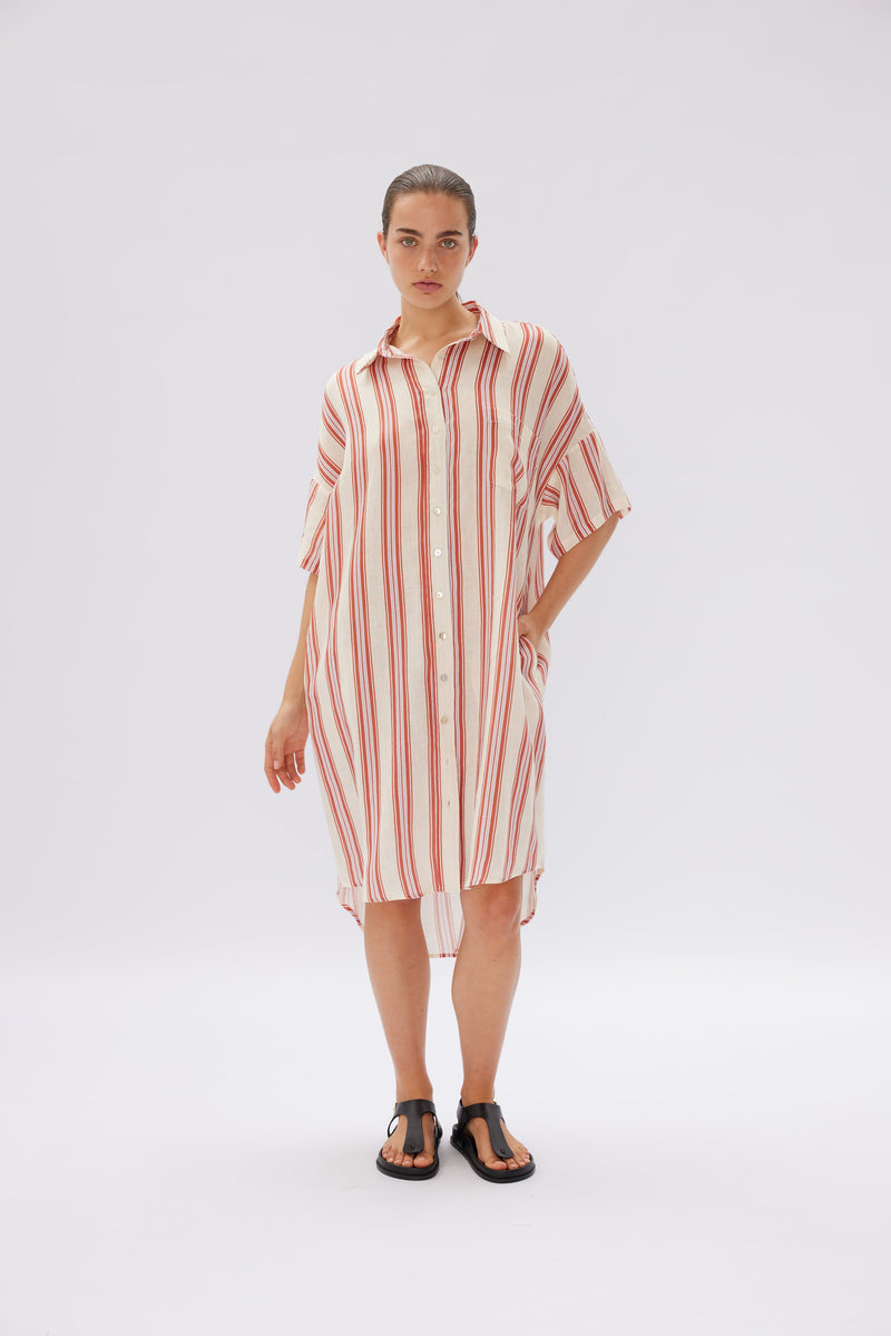 Marala Short Sleeve Dress Multi Stripe - Vanilla & Rust