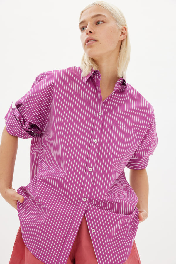 Chiara Mid Length Stripes Shirt - Fuschia/White