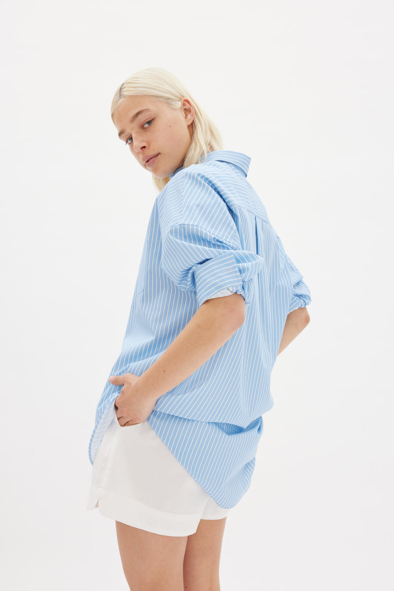 Chiara Mid Length Stripes Shirt - Lagoon/White
