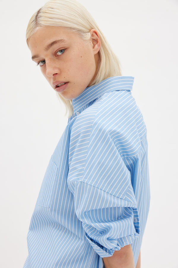 Chiara Mid Length Stripes Shirt - Lagoon/White