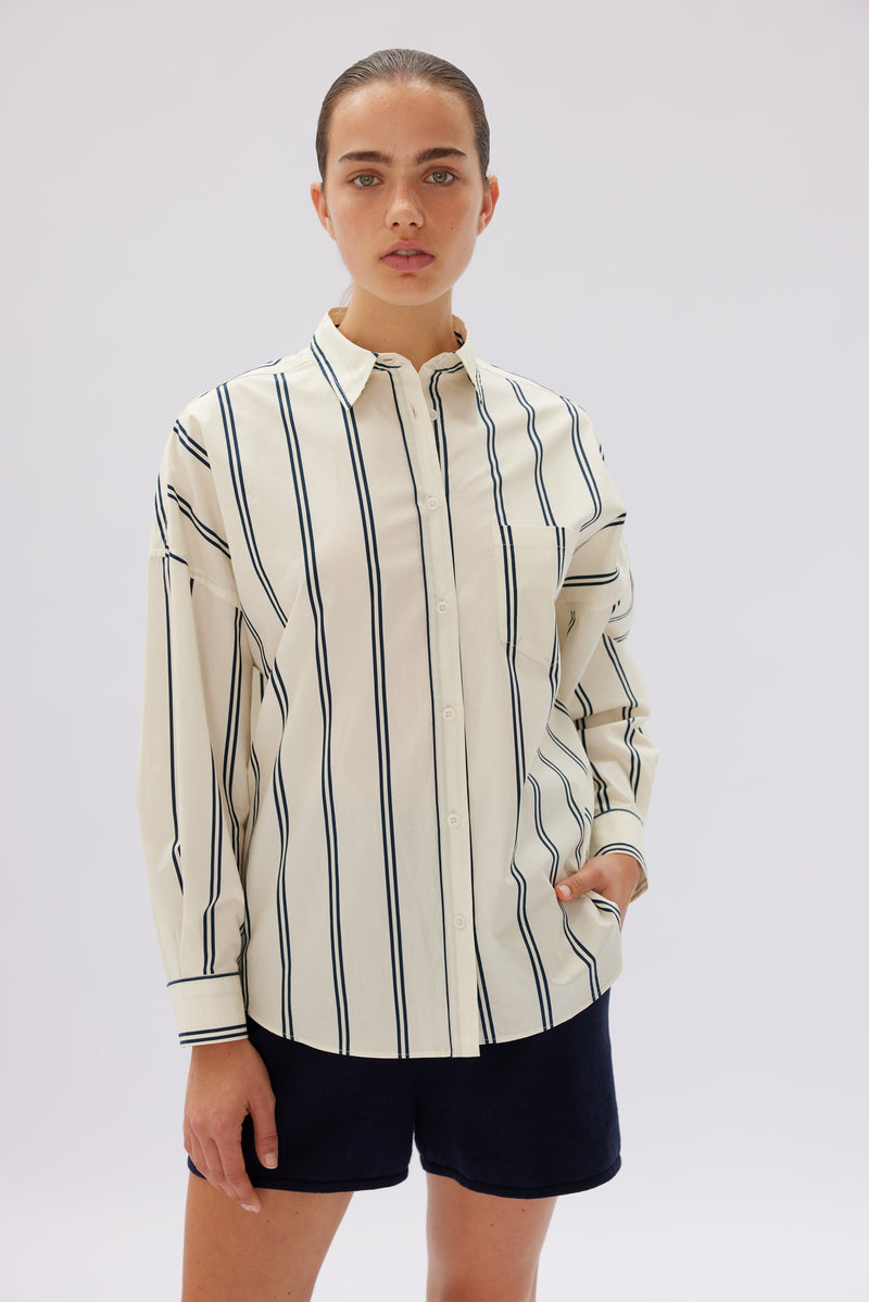 Chiara Shirt Mid Length Stripes Shirt - Navy/White