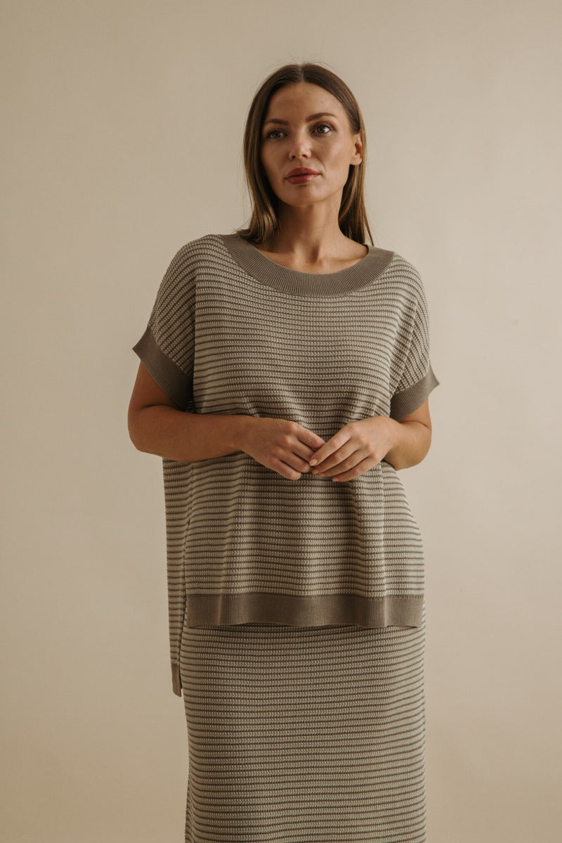Lattice Short Sleeve Pullover - Khaki x Gold