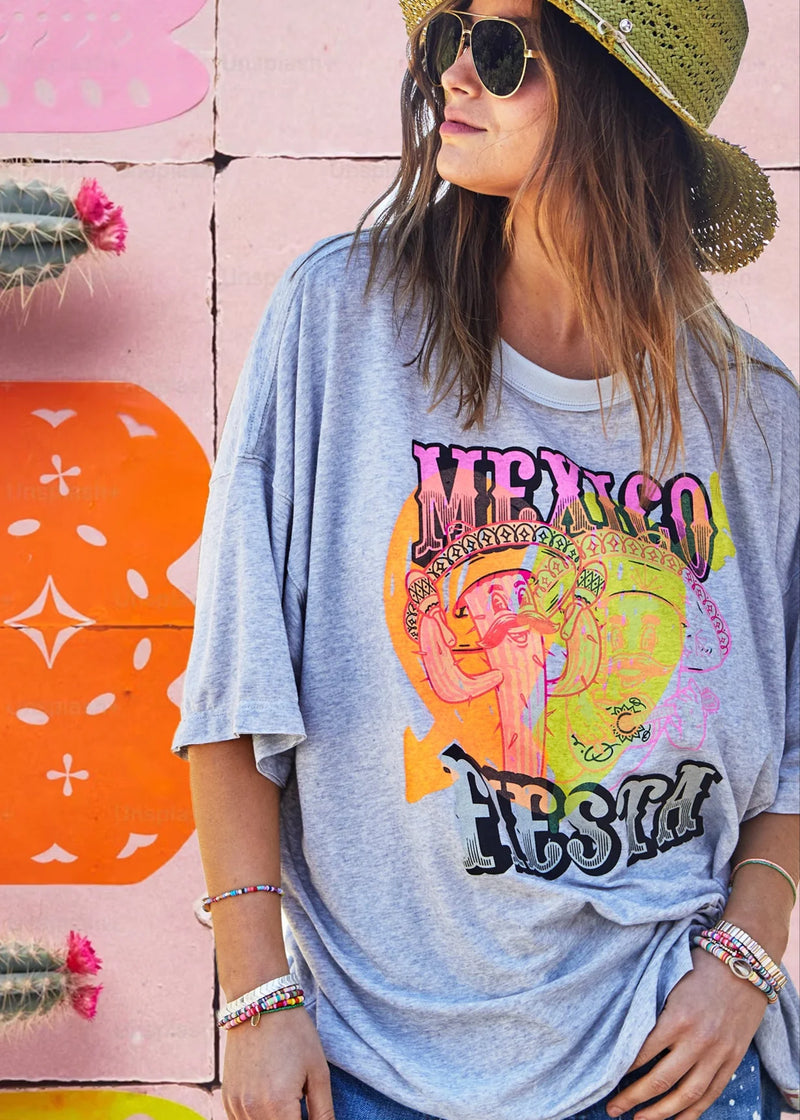 Mexican Fiesta Tee - Light Grey Marle