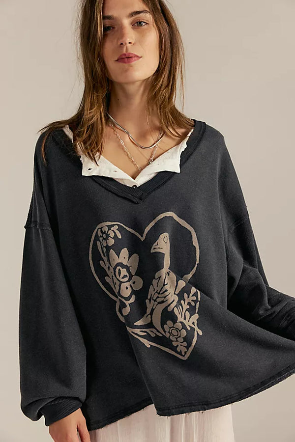 Venice V-Neck Graphic Sweat - Black Bird Combo